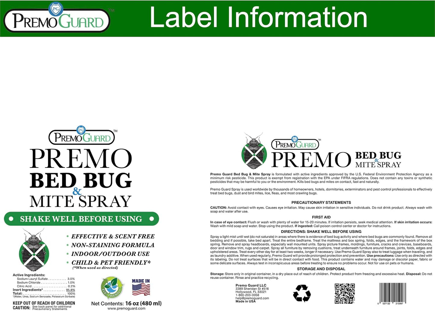 Premo Guard Bed Bug Killer Spray 16 oz - University Tested 100% Kill Rate - Natural Non Toxic, Stain & Scent Free - Kill Bedbugs & Mites On Bed & Blankets, Furniture, Clothing - Child & Pet Safe