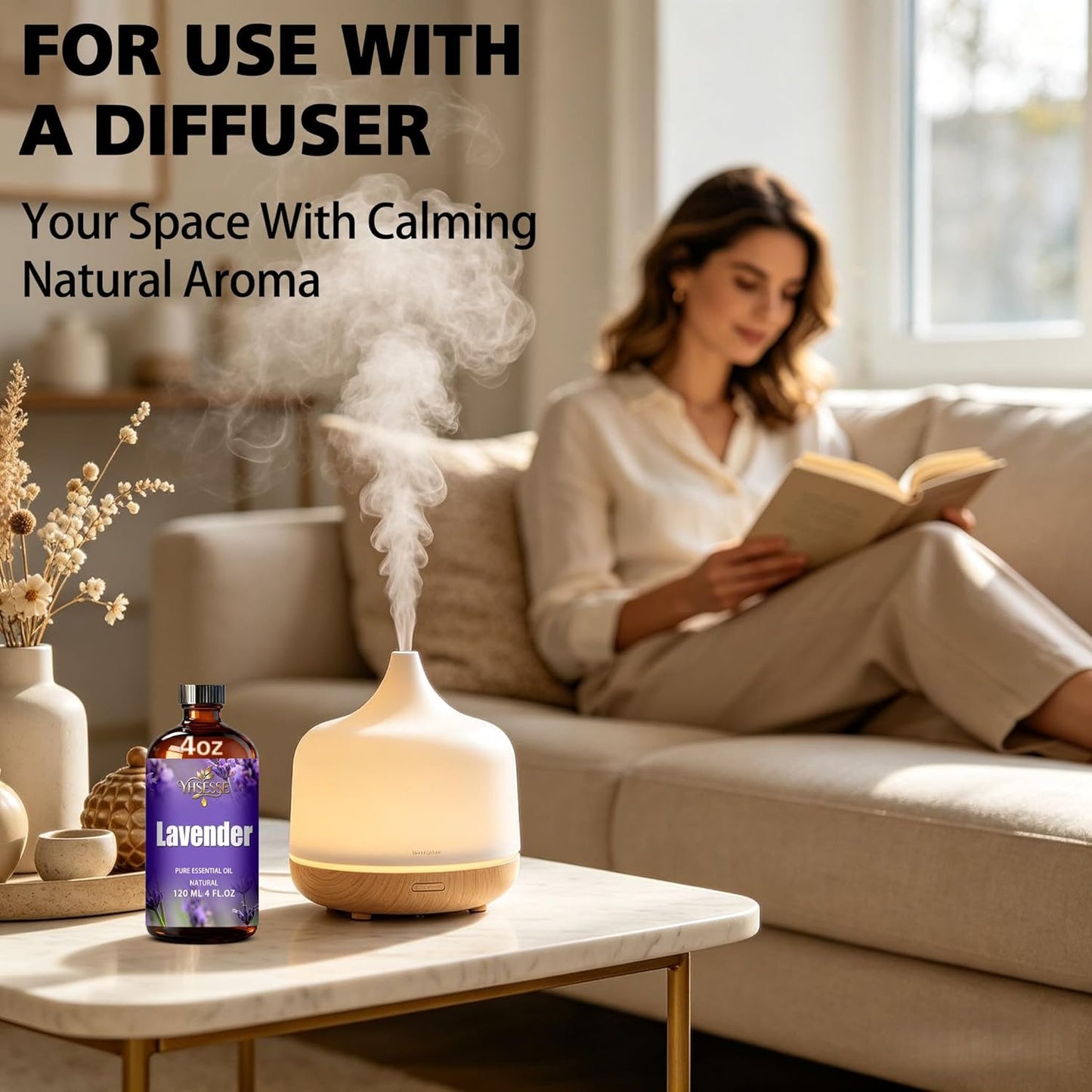 Lavender Essential Oil, Lavender Oil 4 Fl Oz 120ml for Diffuser Yoga Soap & Candle Making – with 0.33 Oz Roller Ball & Dropper YHSESSE Essential Oils