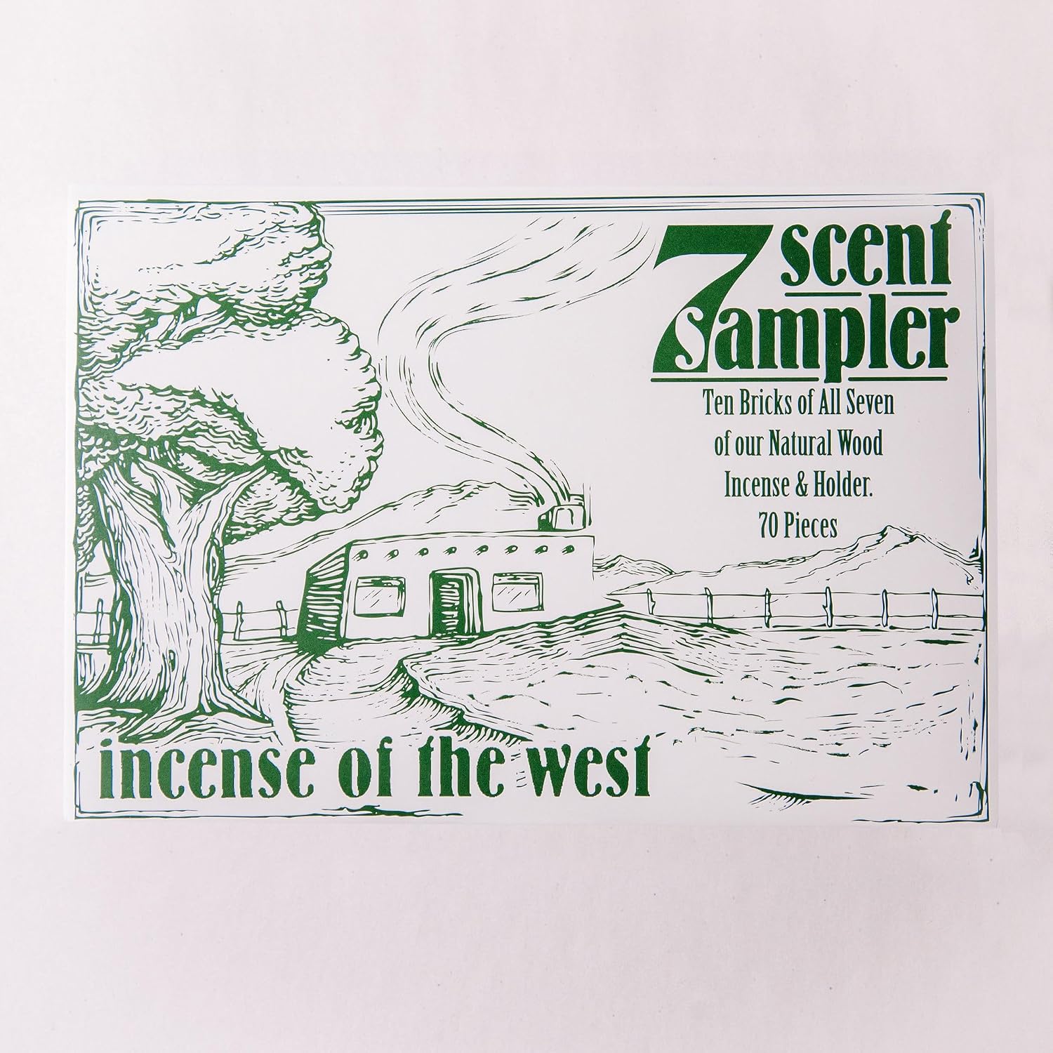 Incienso de Santa Fe - 7 Scent Sampler Natural Wood Incense with Burner, Includes Piñon, Cedar, Juniper, Hickory, Alder, Mesquite, and Fir Balsam (70 Bricks) - Made in the USA