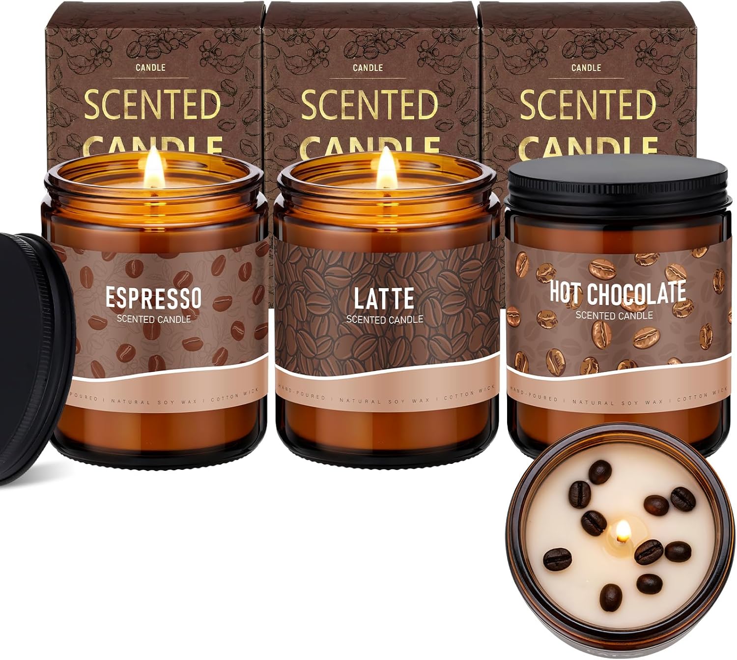 Fullhawl 3 Pack Coffee Scented Candles Gifts Set 7oz Soy Wax Espresso Latte Hot Cocoa Scents Jar Candles with Gift Boxes Long-Lasting Scents for Coffee Lovers Women and Men Home Fragrance Decoration