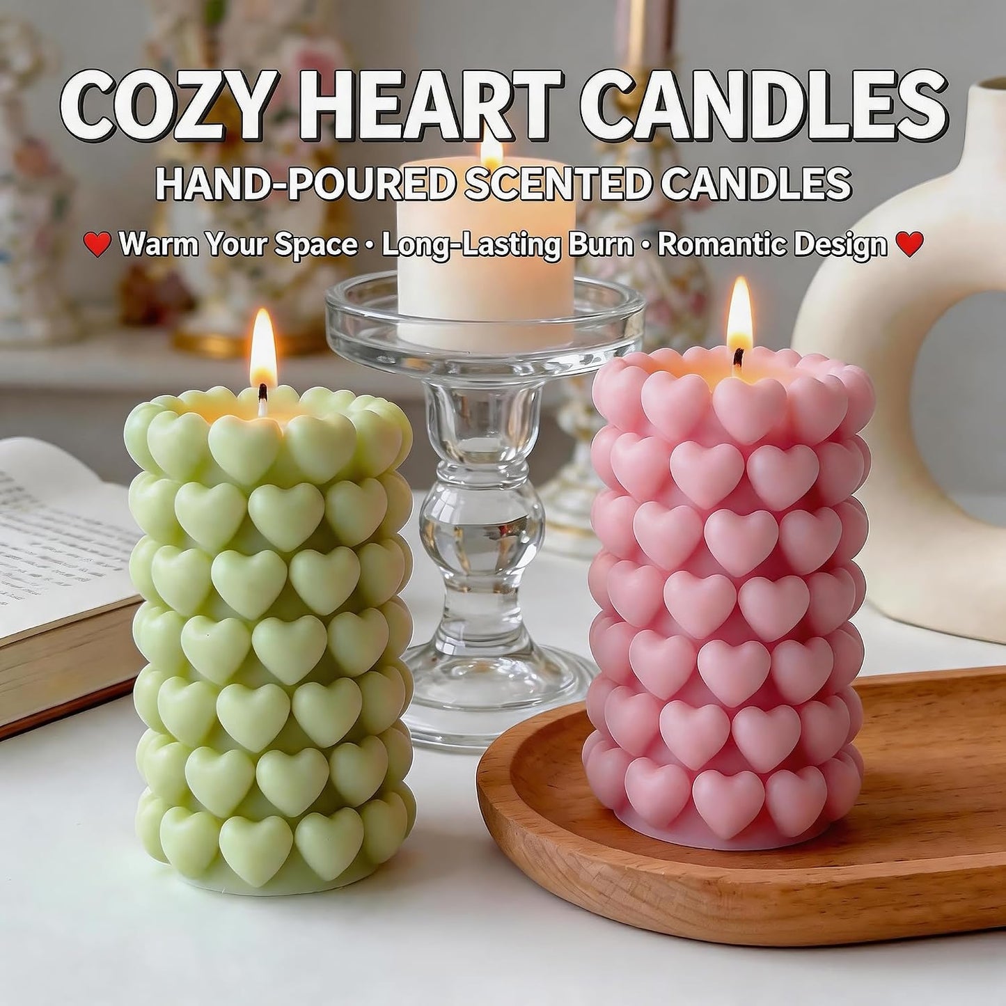 Pink Heart Shape Scented Candle,3D Love Heart Pillar Design,Natural Soy Wax Essential Oil Aroma Decorative Candle Gift for Her, Romantic Time Decor, Romantic & Aesthetic Spaces