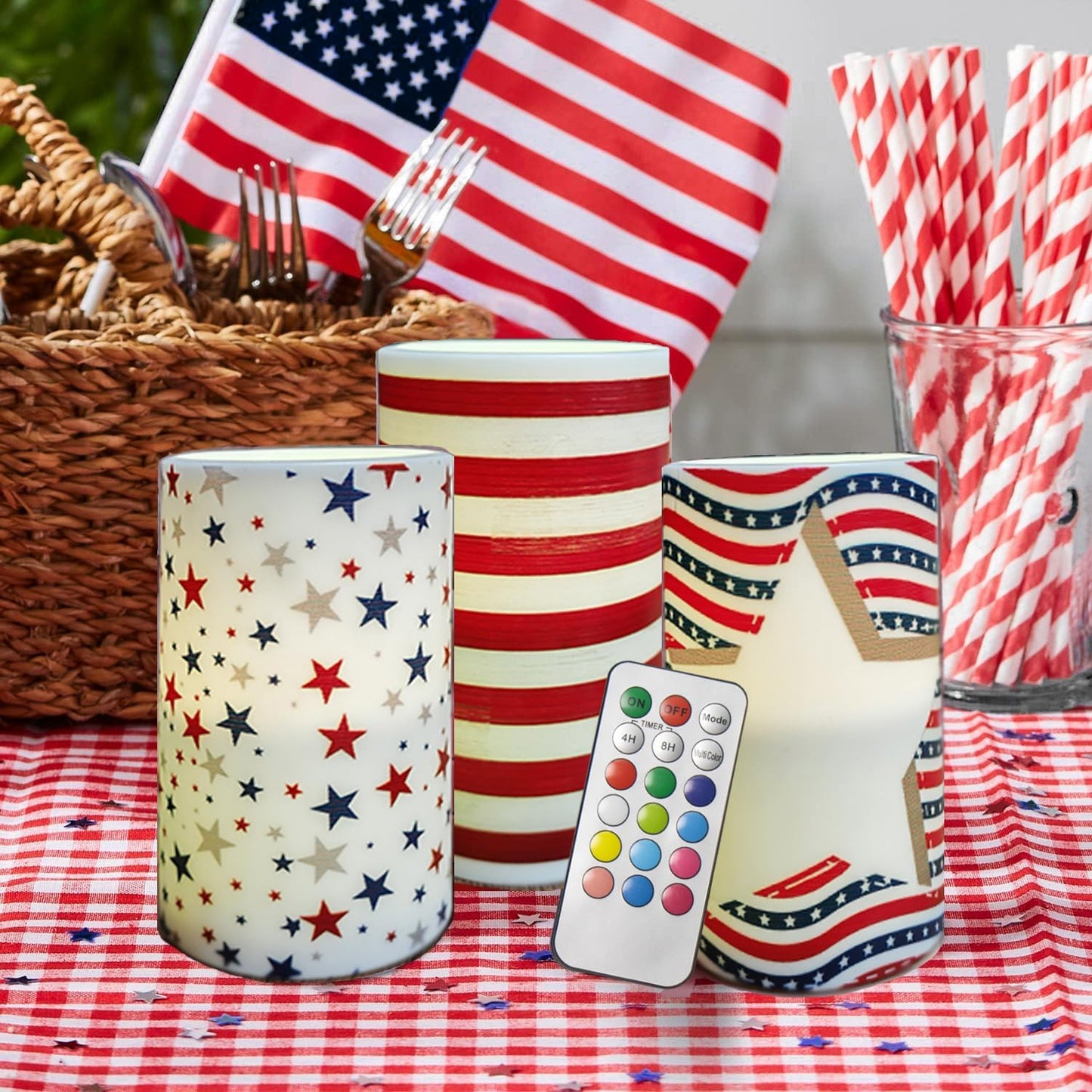 Pack of 3 Patriotc American Flag Flameless LED Pillar Candle with Remote Control Battery Operated 4th of July Candles for Home Decor Dinner Table Centerpieces(American Flag)