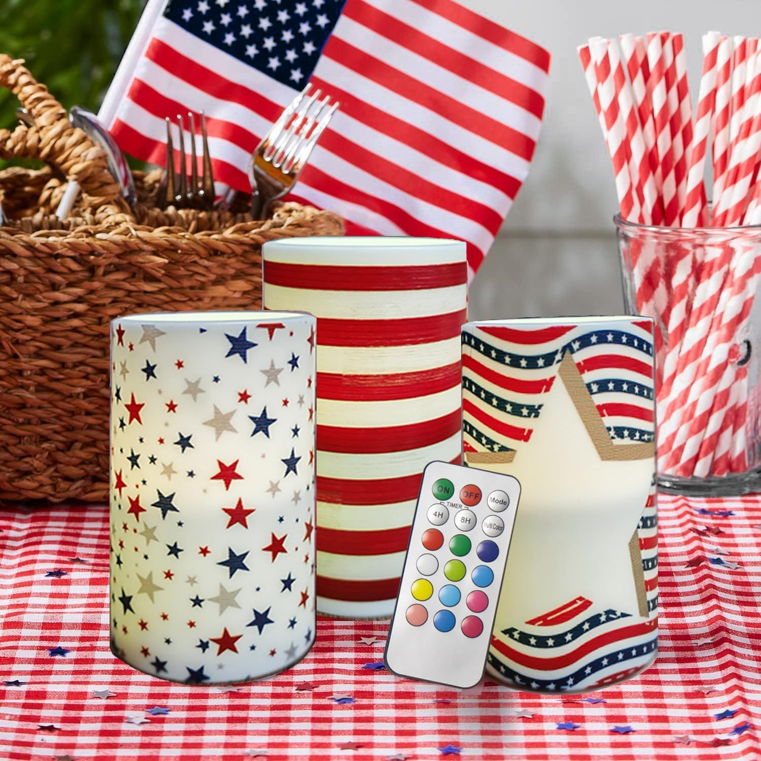 Pack of 3 Patriotc American Flag Flameless LED Pillar Candle with Remote Control Battery Operated 4th of July Candles for Home Decor Dinner Table Centerpieces(American Flag)