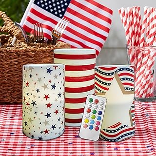 Pack of 3 Patriotc American Flag Flameless LED Pillar Candle with Remote Control Battery Operated 4th of July Candles for Home Decor Dinner Table Centerpieces(American Flag)