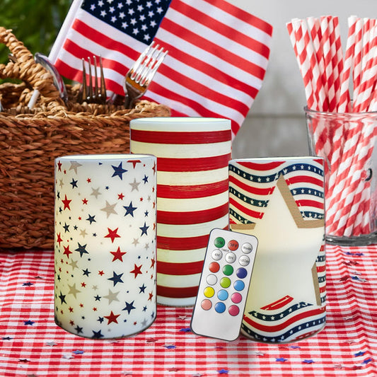 Pack of 3 Patriotc American Flag Flameless LED Pillar Candle with Remote Control Battery Operated 4th of July Candles for