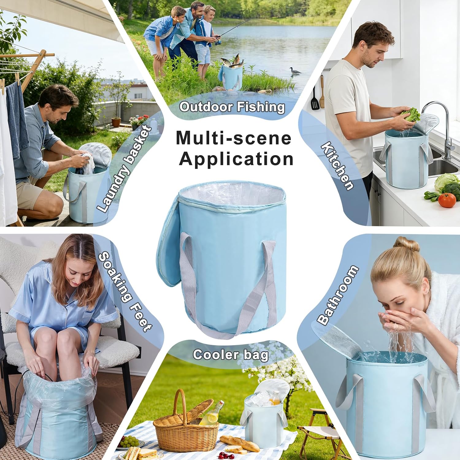 7.5 Gallon Insulated Collapsible Tub with Lid, Portable Space Saving Bucket for Foot Soak Laundry Outdoor Storage