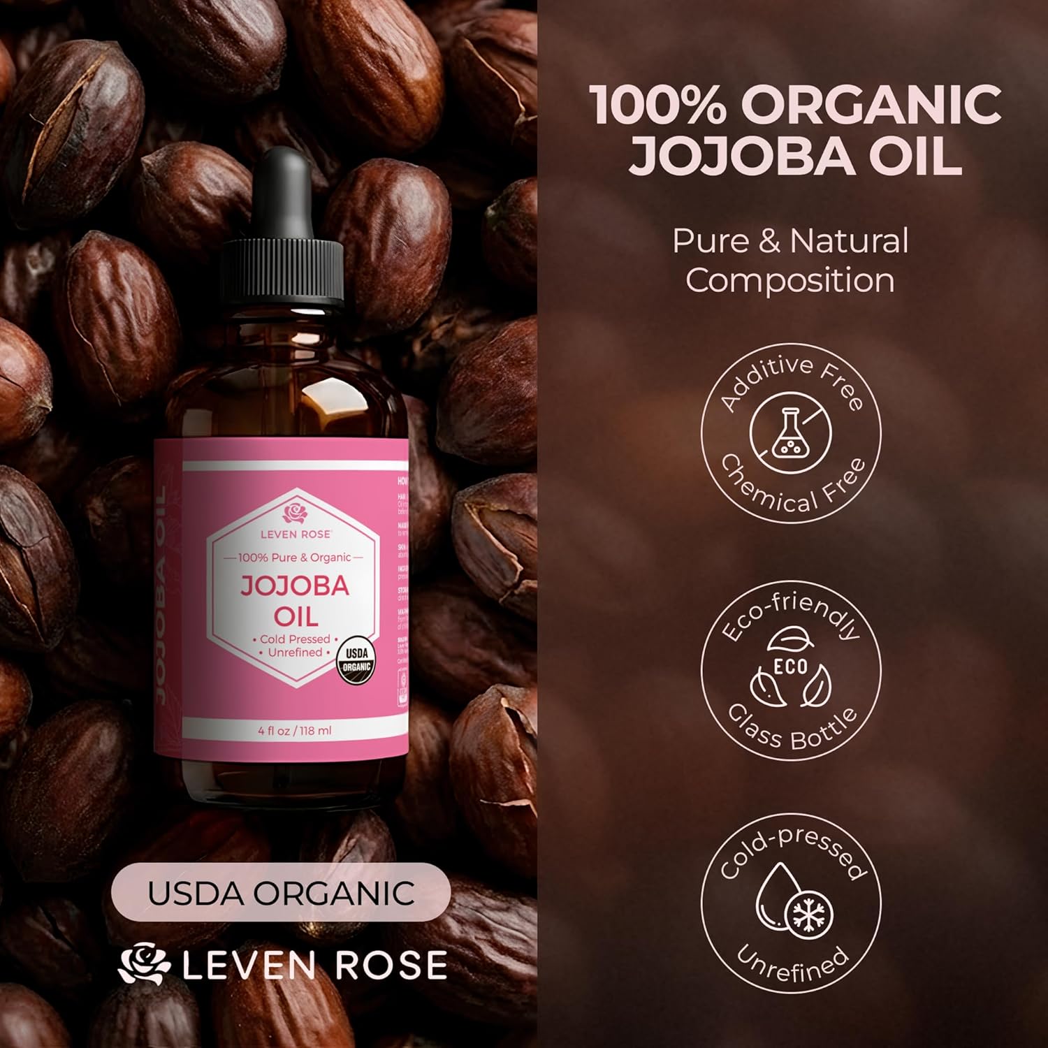 Leven Rose Jojoba Oil Organic, Pure Cold Pressed Carrier Oil, Natural Unrefined Moisturizer for Skin Hair and Nails 4 oz