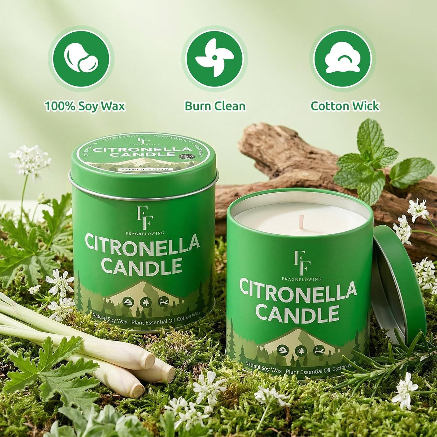 Citronella Candles Outdoor, Indoor Lemongrass Scented Candles with Citronella Essential Oil Roll On, Natural Soy Wax Jar Candle for Outside Camping Patio, 200-Hour Burn Time, 9 oz (4 Pack)