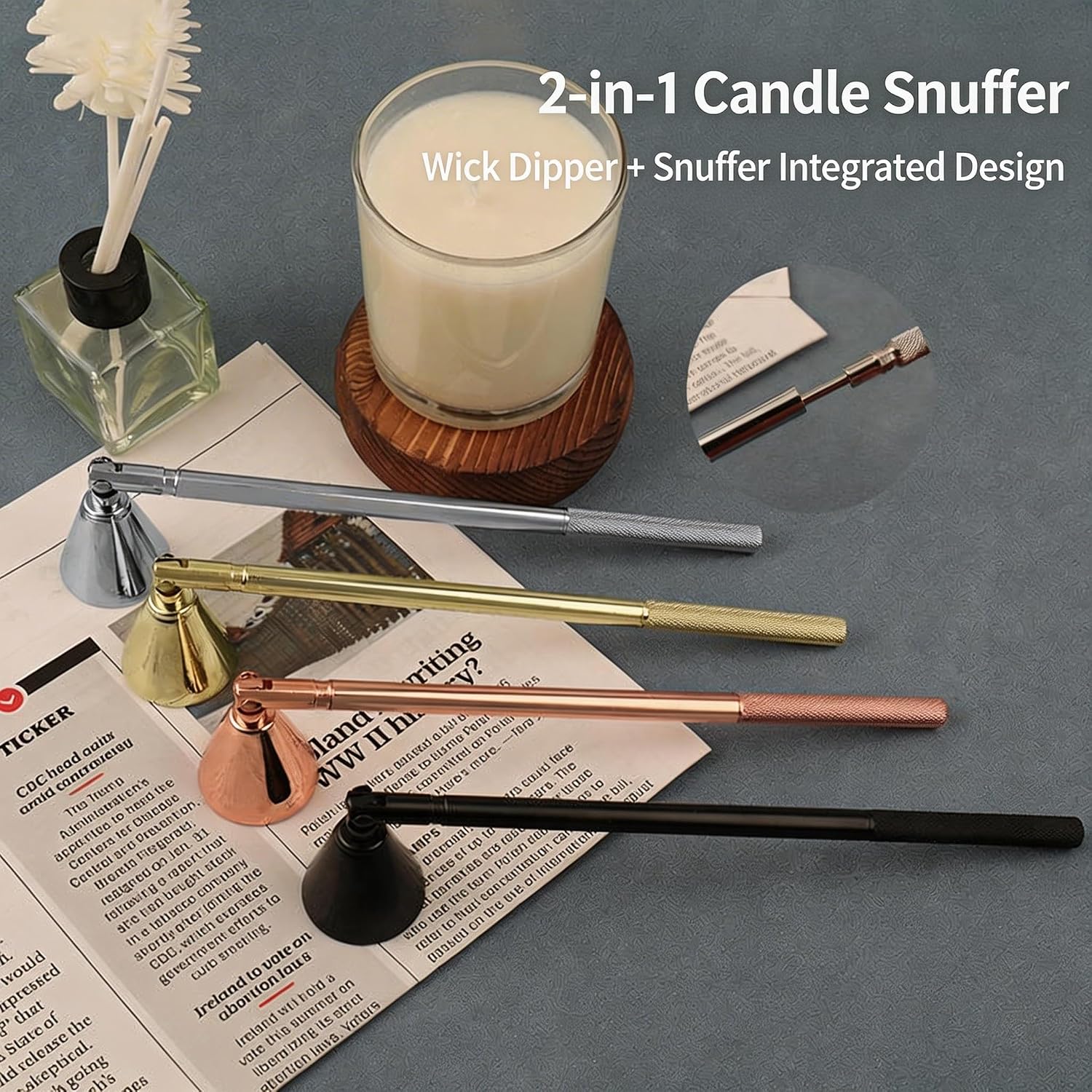 Innovative 2-in-1 Candle Snuffer Extinguisher with Removable Wick Dipper,Candle Flame Put Out Tools with Non-Slip Long Handle,Perfect Accessories for Candle Lovers (Silver)