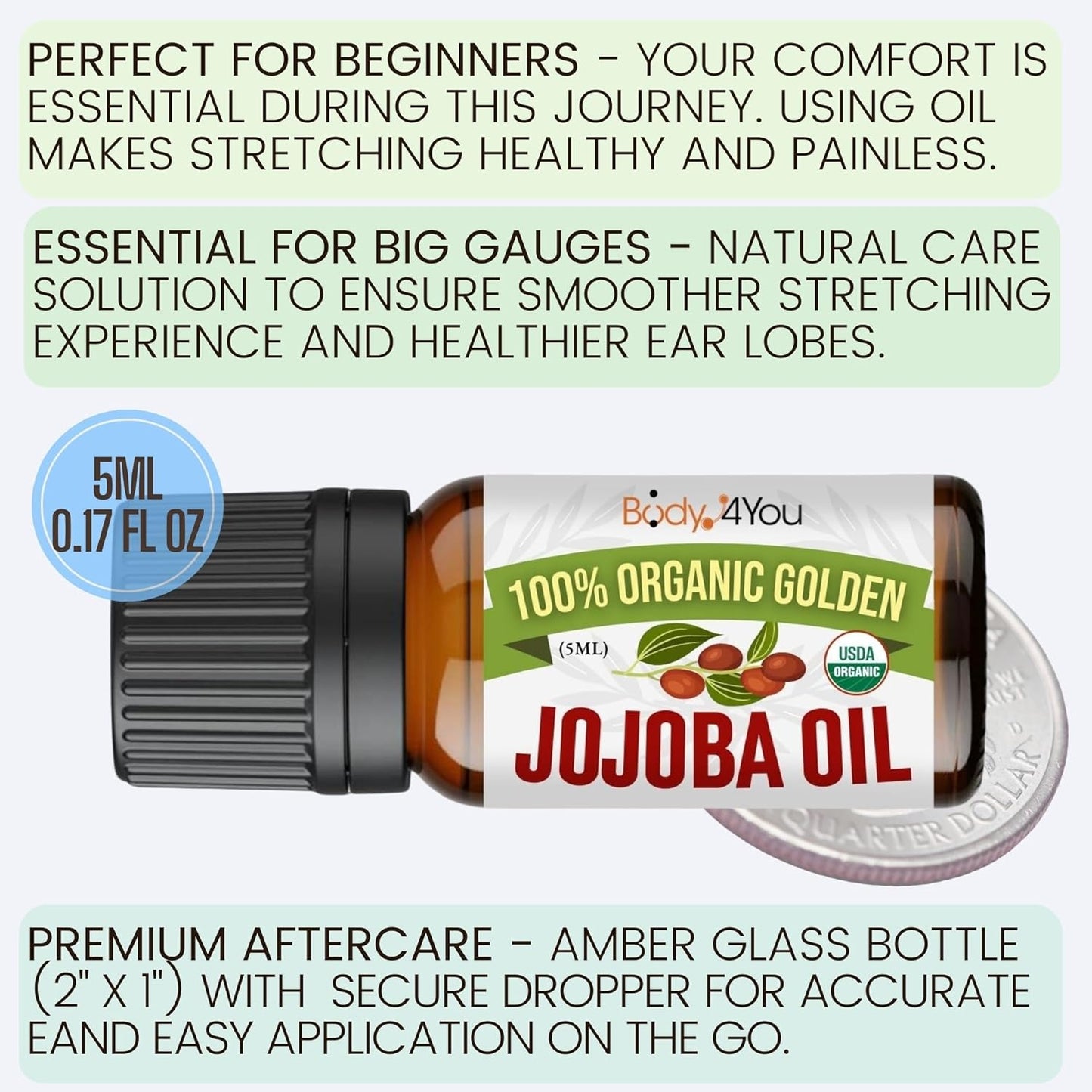BodyJ4You Organic Jojoba Oil Piercing Aftercare - USDA 100% Pure Cold Pressed Ear Stretching Oil - Gauge Care Nose Septum Cartilage Tragus Navel - Natural Skin Recovery Moisturizer Vegan - 0.17 Fl Oz