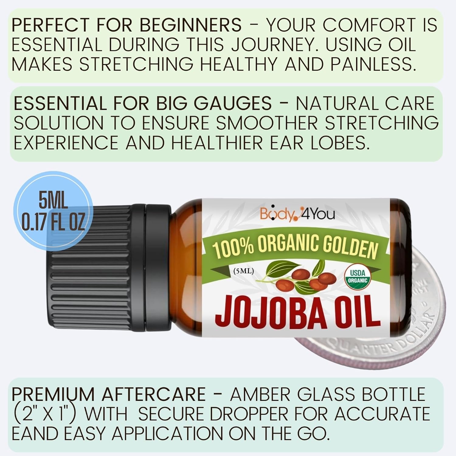 BodyJ4You Organic Jojoba Oil Piercing Aftercare - USDA 100% Pure Cold Pressed Ear Stretching Oil - Gauge Care Nose Septum Cartilage Tragus Navel - Natural Skin Recovery Moisturizer Vegan - 0.17 Fl Oz