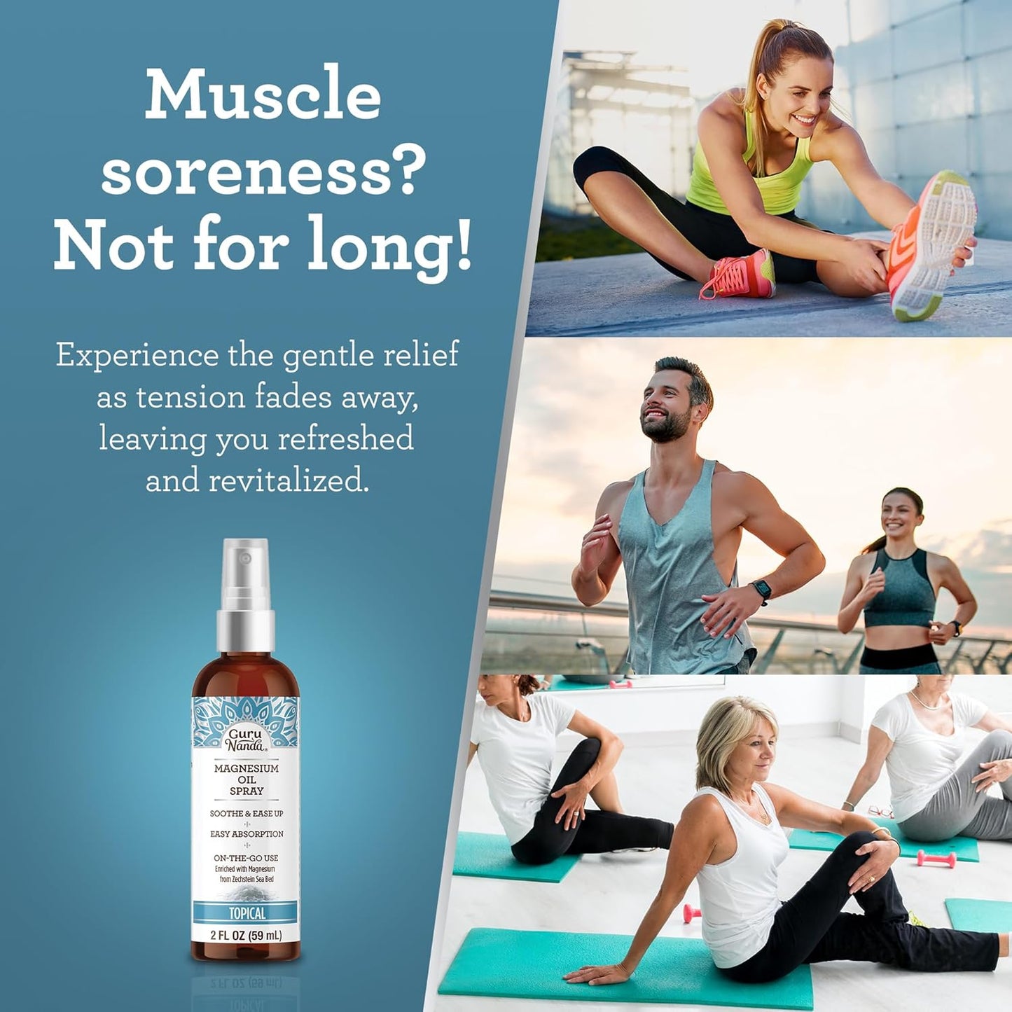 GuruNanda Magnesium Oil Spray (2 Fl Oz), Topical Magnesium Spray with Natural Essential Oils & Aloe Vera, Helps with Muscle Soreness & Relaxation, Cruelty-Free