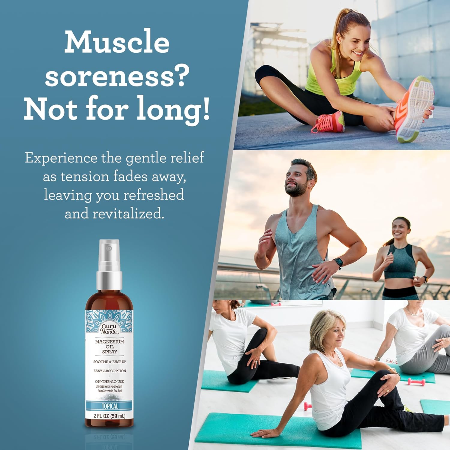 GuruNanda Magnesium Oil Spray (2 Fl Oz), Topical Magnesium Spray with Natural Essential Oils & Aloe Vera, Helps with Muscle Soreness & Relaxation, Cruelty-Free