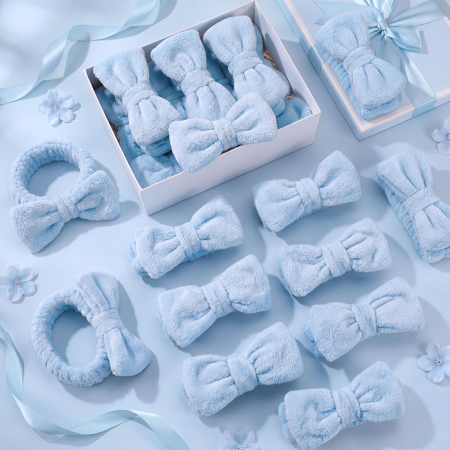 50 Pcs Blue Spa Headband Bulk Spa Sleepover Party Supplies for Washing Face with Removable Bow Makeup Elastic Bowknot Headband for Women Gifts Skincare Microfiber Hairband(Blue Style)