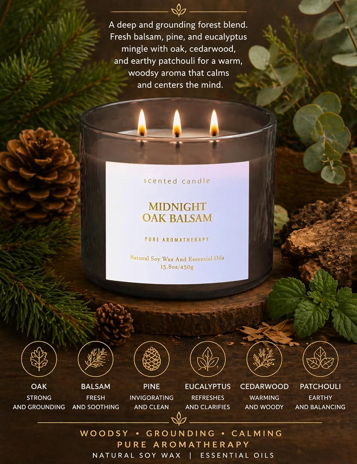 Midnight Oak Balsam 3-Wick Scented Candle | 15.8 oz Large Balsam Cedar Woodsy Soy Wax Candle for Home | Forest Calming Scented Candle | Clean Burning, Long Lasting | Candle Gift for Men & Women