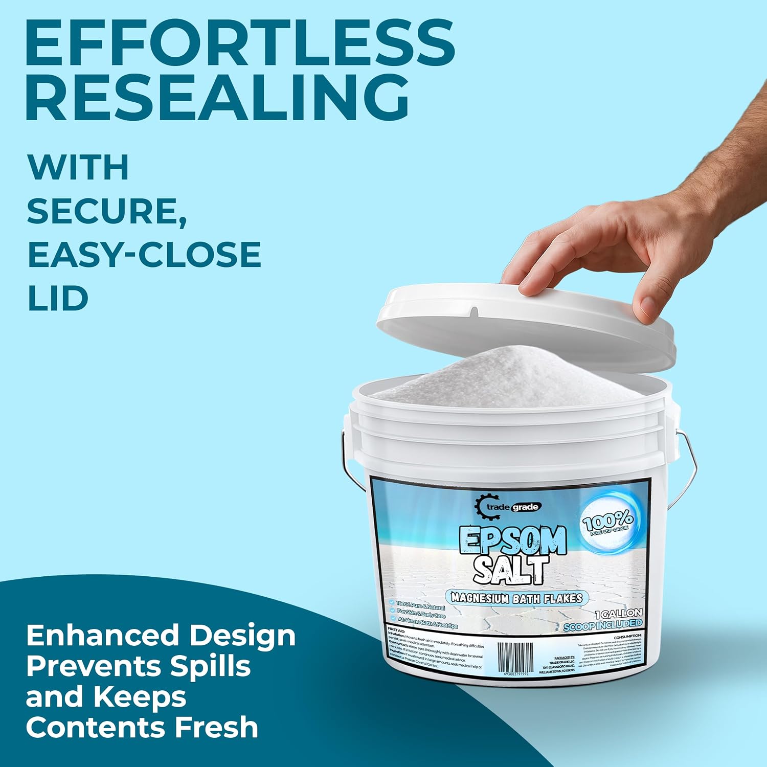 TradeGrade Epsom Salt Bath Soak 1 Gallon Bucket – Unscented, Pure Epsom Salt Bulk Crystals, Magnesium Sulfate for Full Body or Foot Soaks, Resealable Container for Home Bath Use