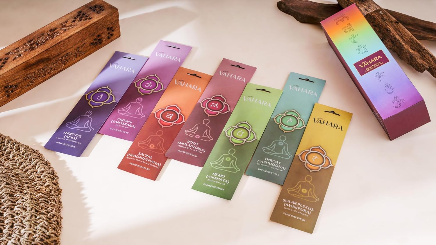 Incense Sticks Variety Pack Natural Masala Incense Sticks, 7 Chakra Sandalwood Incense for Meditation, Yoga & Relaxation Hand Rolled Aromatherapy Vahara Gift Set