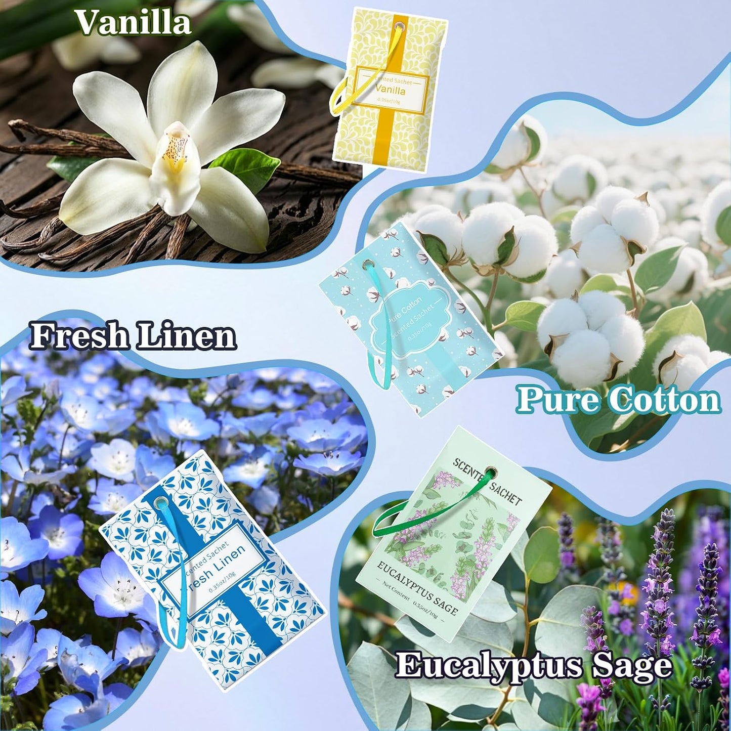 STRN Scented Sachets for Drawer and Closet, 16 Packs 4 Scents Fresh Linen, Eucalyptus Sage, Cotton, Vanilla, Long-Lasting Sachets for Home Fragrance, Small Space Air Freshener for Wardrobes