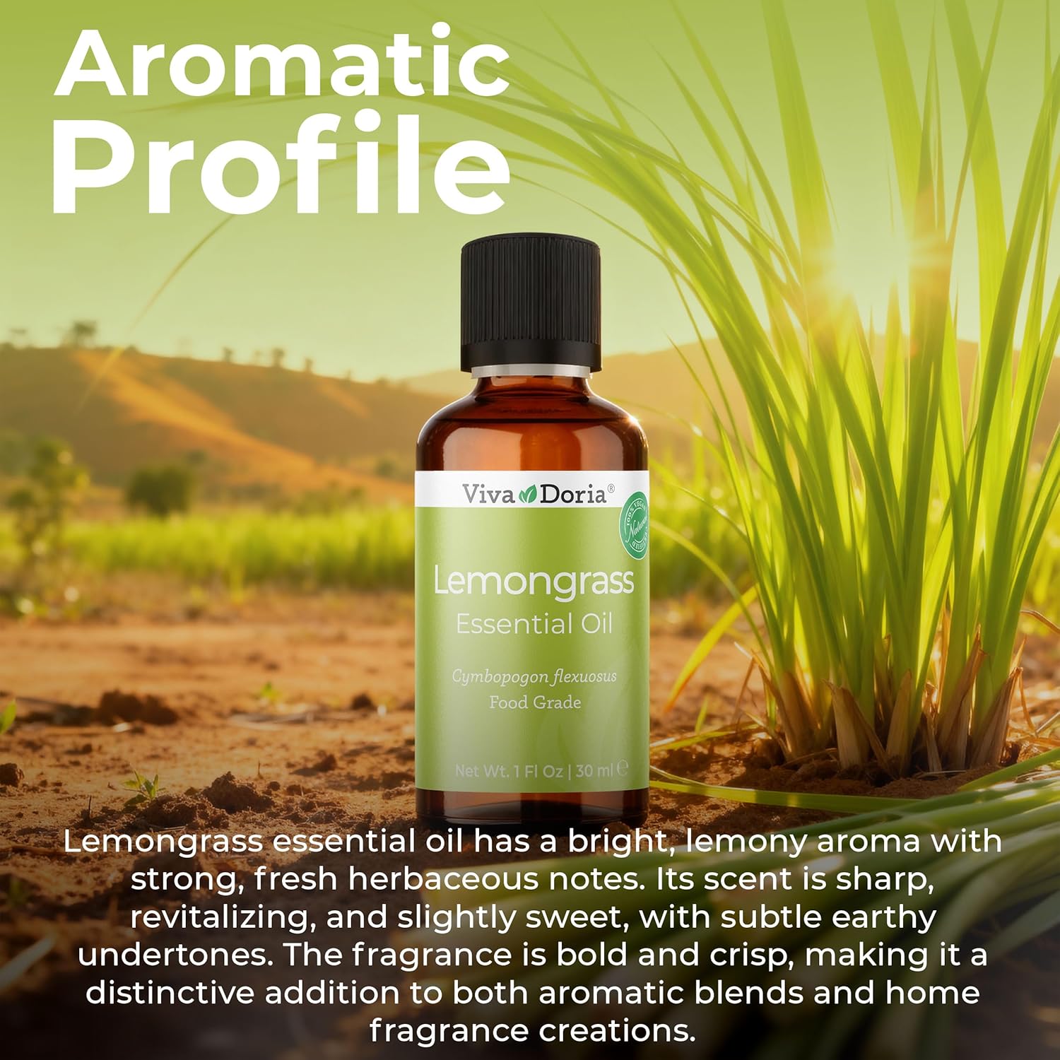 Viva Doria Lemongrass Essential Oil, 100% Pure, Natural Lemongrass Essential Oil, Undiluted, for Aromatherapy | Food Grade, 30 mL (1 Fluid Ounce)