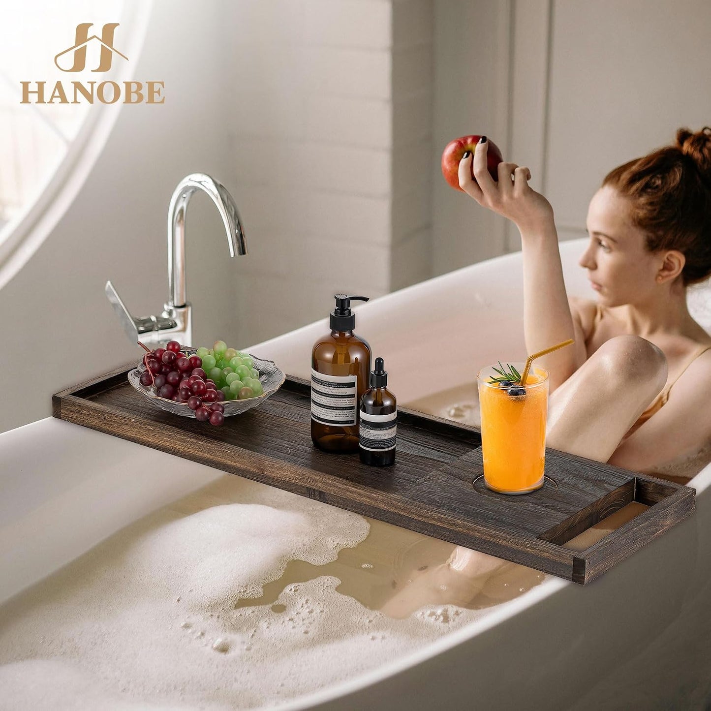 Hanobe Bathtub Tray Bath Caddy: 31" Wooden Tub Shelf with Handles Simplicity Farmhouse Rustic Wood Board for Bathroom Organizer Home SPA