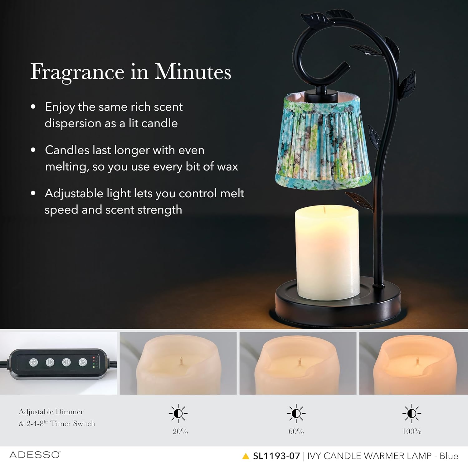 Adesso Candle Warmer Lamp – Flameless Candle Melter with Adjustable Timer & Dimmable Light, Bulb Included, Blue Floral Printed Shade, for Home, Dorm, or Office