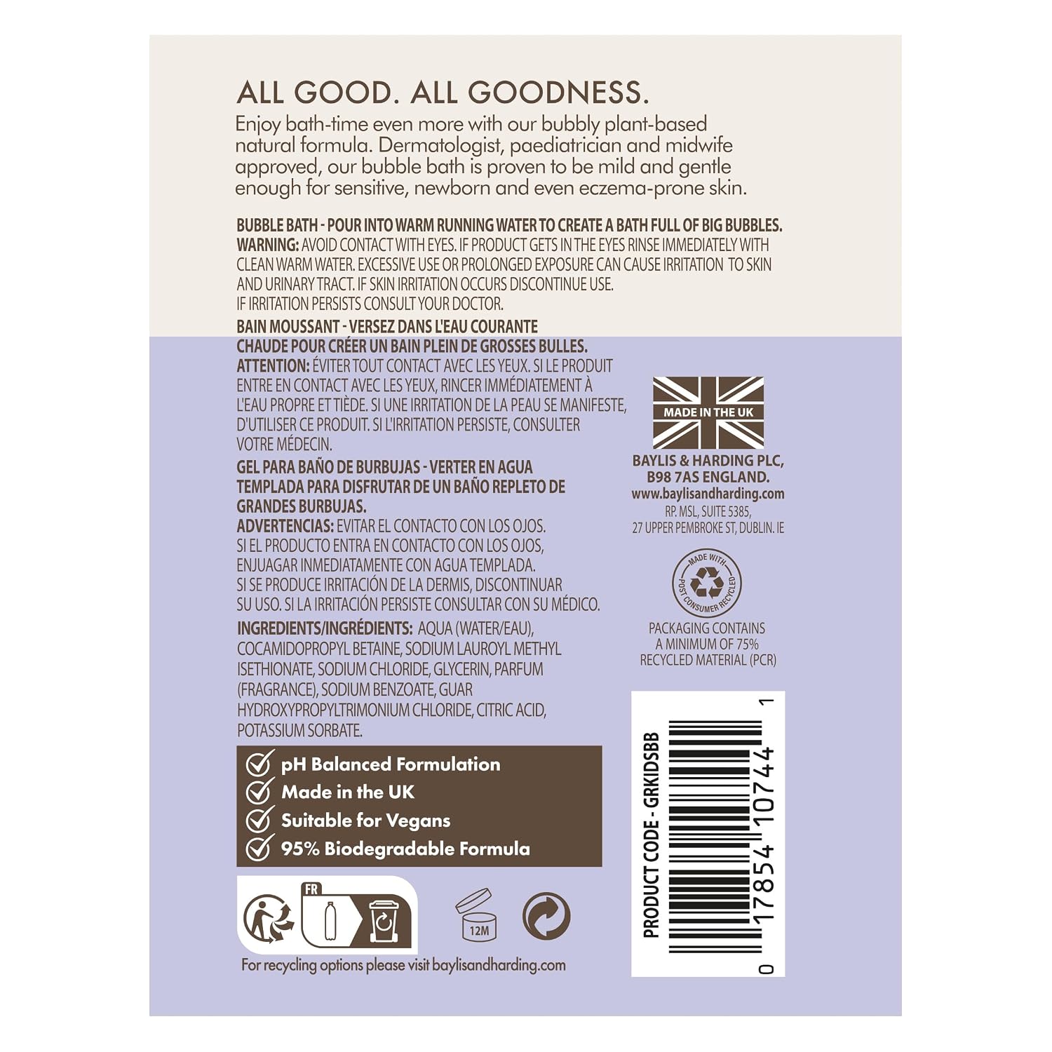 Baylis & Harding Goodness Kids Lavender & Vanilla Natural Bubble Bath 16.9 fl. oz (Pack of 3) - Biodegradable Formula - Vegan Friendly
