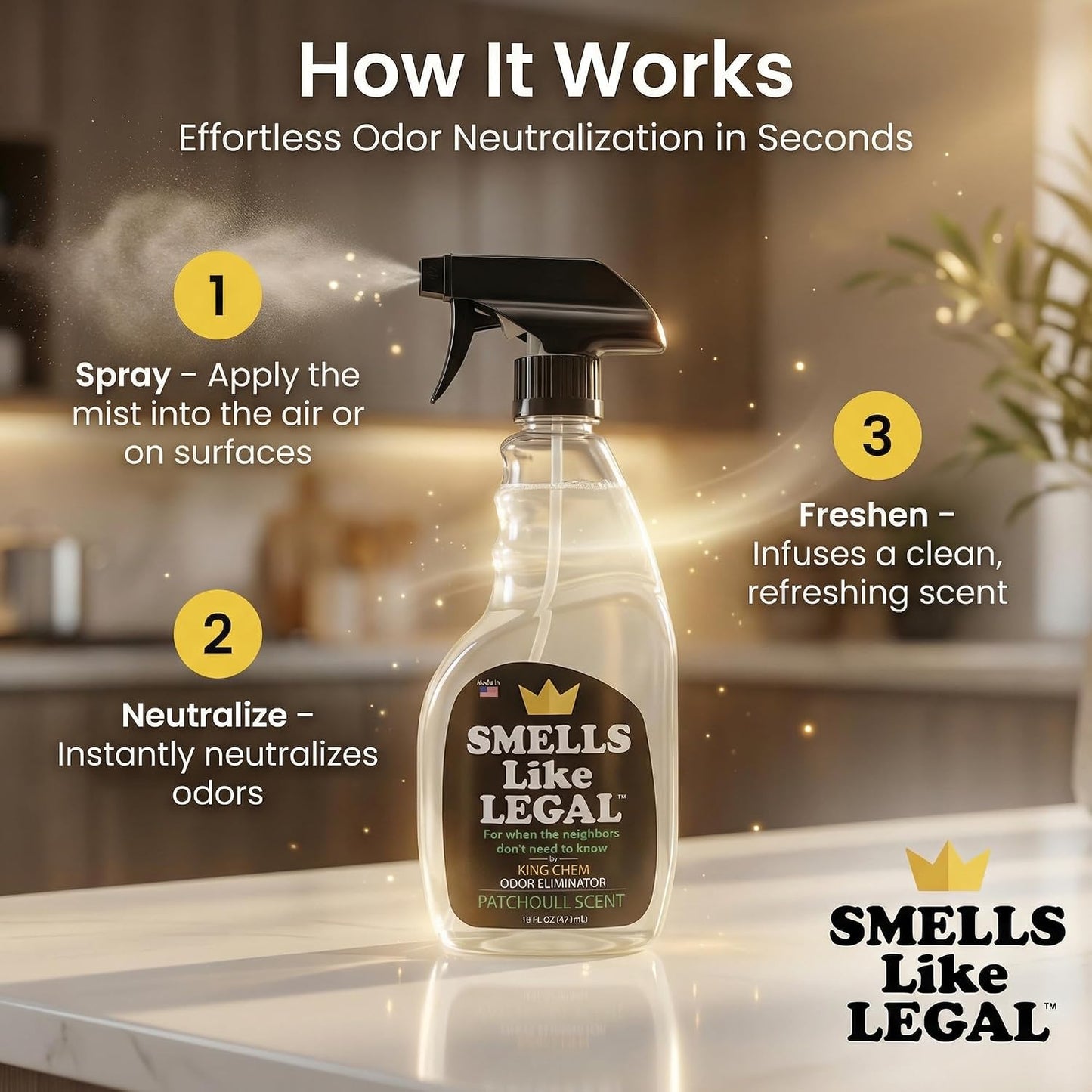 Smells Like Legal™ Patchouli Odor Eliminator Spray – Powerful Commercial-Grade – Eliminates Smoke, Pet & Food Odors at source – Fabric-Safe, Non-Staining – Biodegradable Air & Fabric Freshener – 16 oz