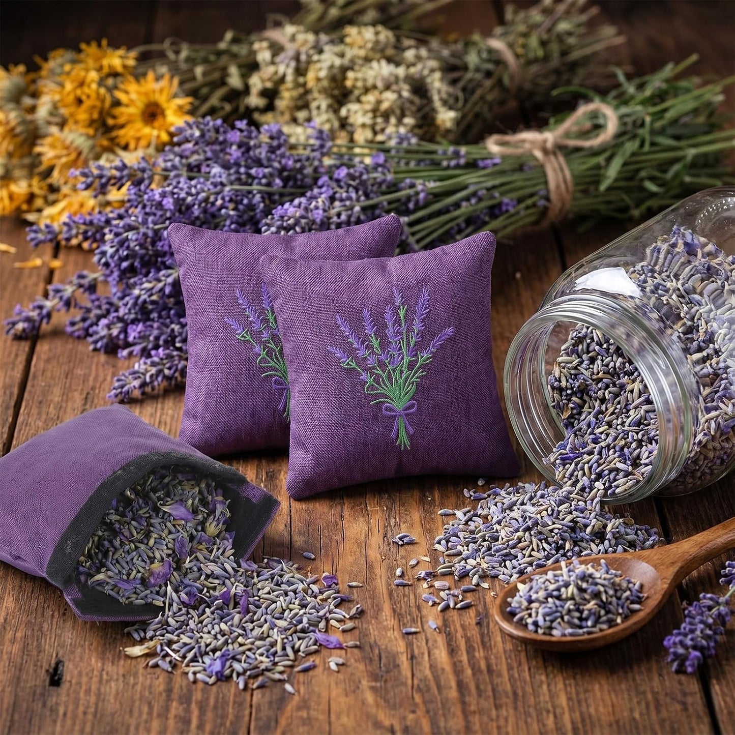 SATINIOR 6 Pack 6 x 6 Inch Embroidered Lavender Sachet Bags Sachet Empty Bags with Hook and Loop Fasteners Cotton Linen Pouch for Filling Spice Jewelry for Wedding (Purple,Novelty)
