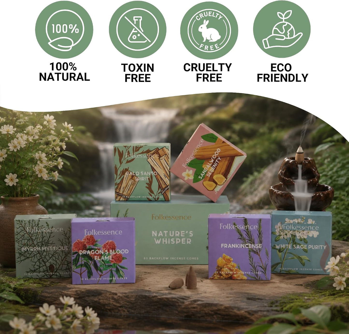 Folkulture Backflow Incense Cones Set (60 Cones) | Nature’s Whisper Cones for Meditation & Aromatherapy | Charcoal Free, Non Toxic | Frankincense, White sage & Sandalwood Fragrance Home Decor Gift
