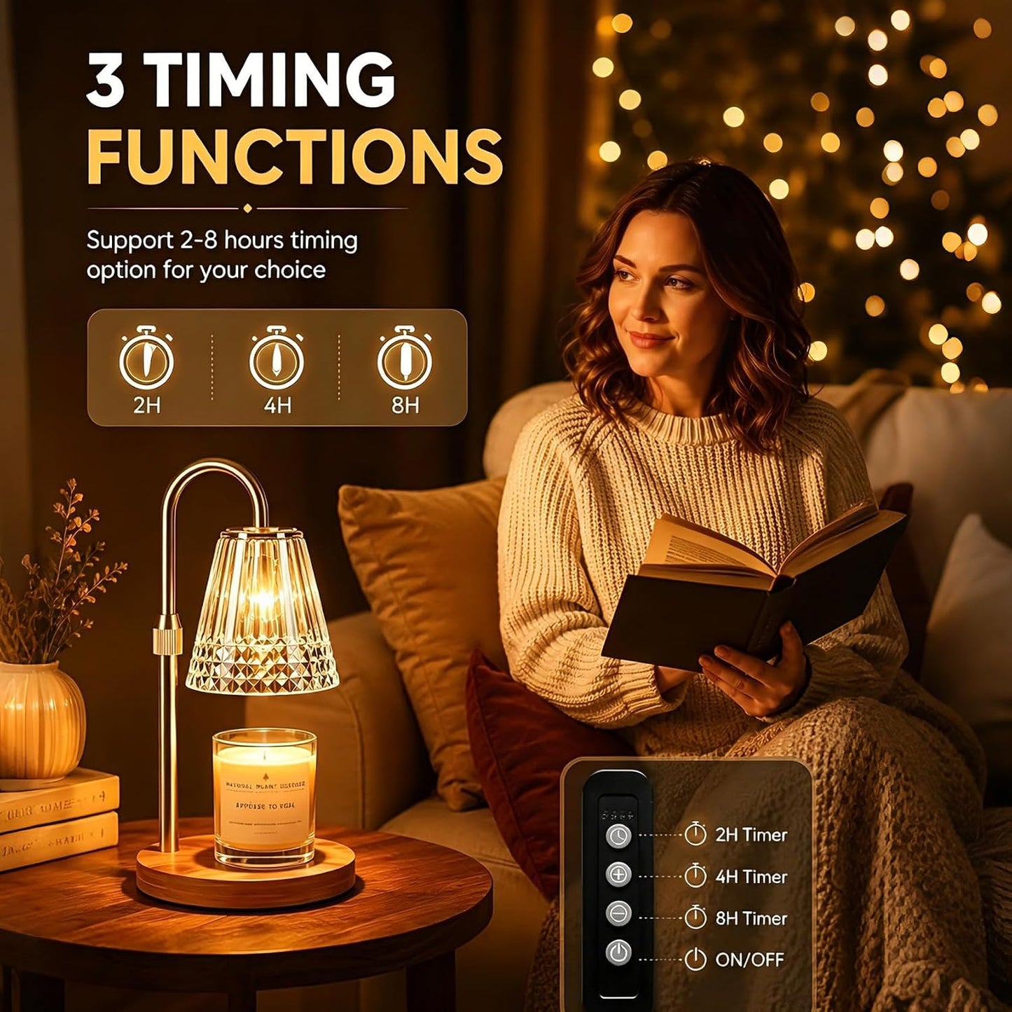 TATAANTY Candle Warmer Lamp with Timer and Dimmer, 4 Brightness Levels, Wooden Base, Mothers Day Gifts, Birthday Gift for Women, Golden, Home Decor Suitable for Bedroom, Offices, Living Rooms