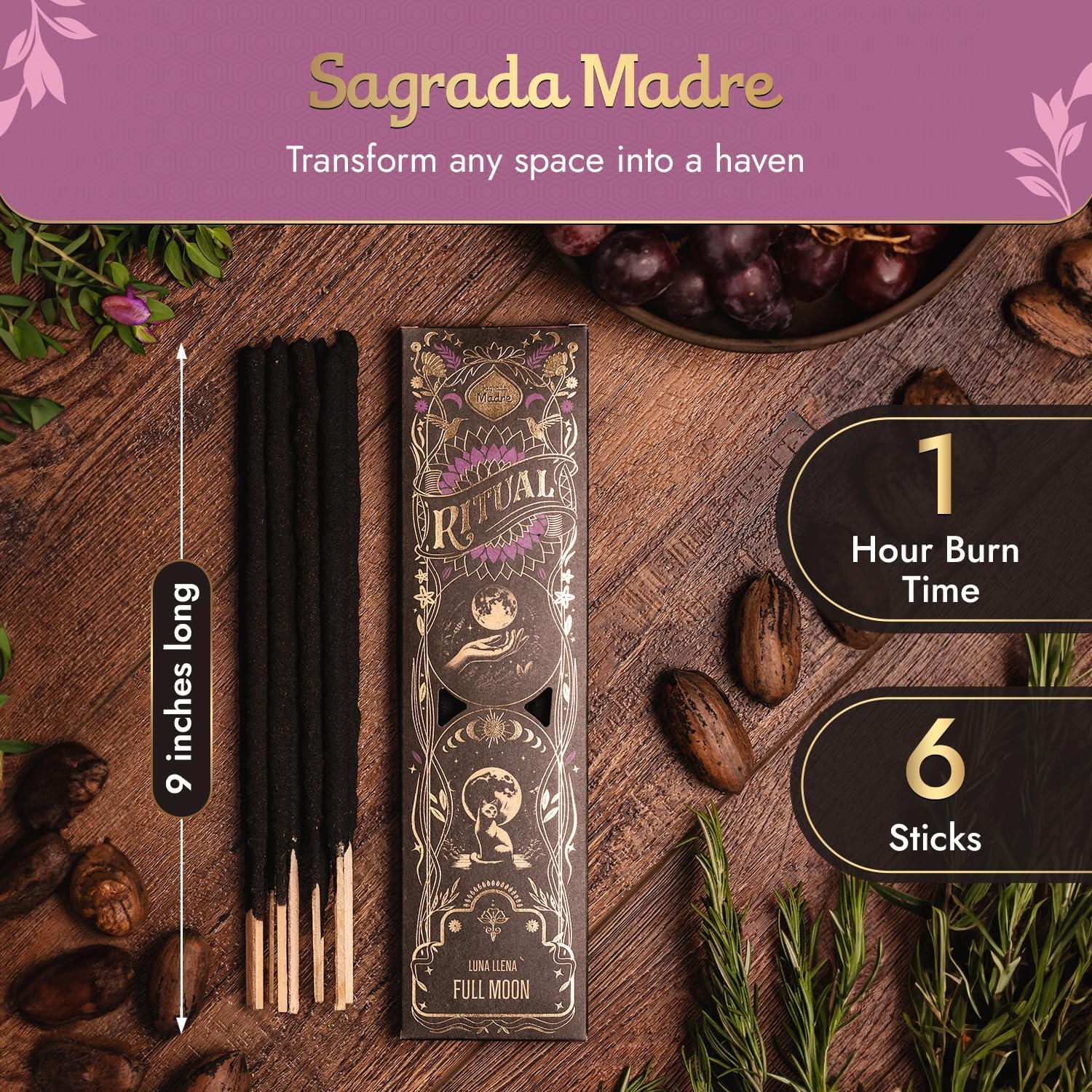 Ritual - Full Moon Incense Sticks, Expresses Your Intentions and Desires, 6 Sticks, 9 Inches Each, Natural Incense with Aromatic Concentrated Oil, Charcoal, Natural Binder & Salt - 1 Hour Burn Time