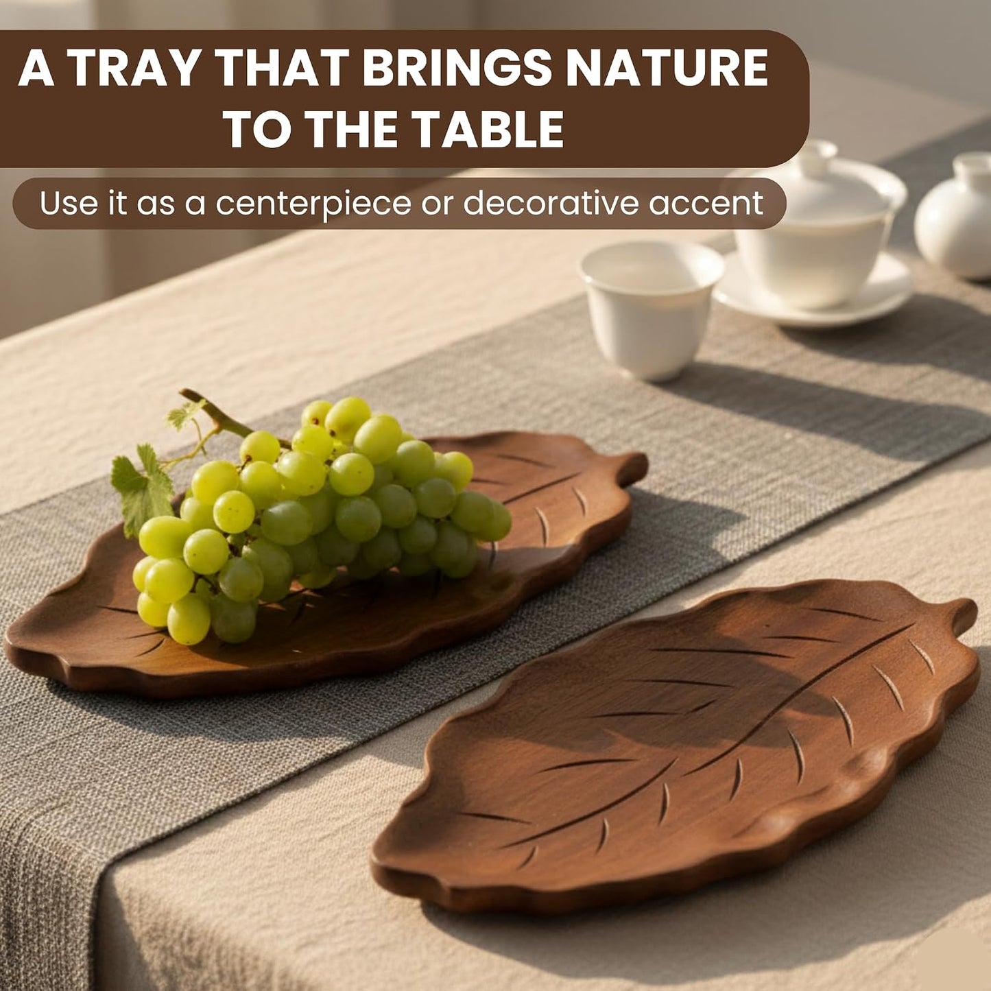 Acacia Wood Leaf Tray - 14" Decorative Tray for Candles, Perfume, Leaf Wooden Jewelry Tray Trinket Dish - Farmhouse Table Centerpiece - Wooden Trays for Coffee Table Wedding Home Decor
