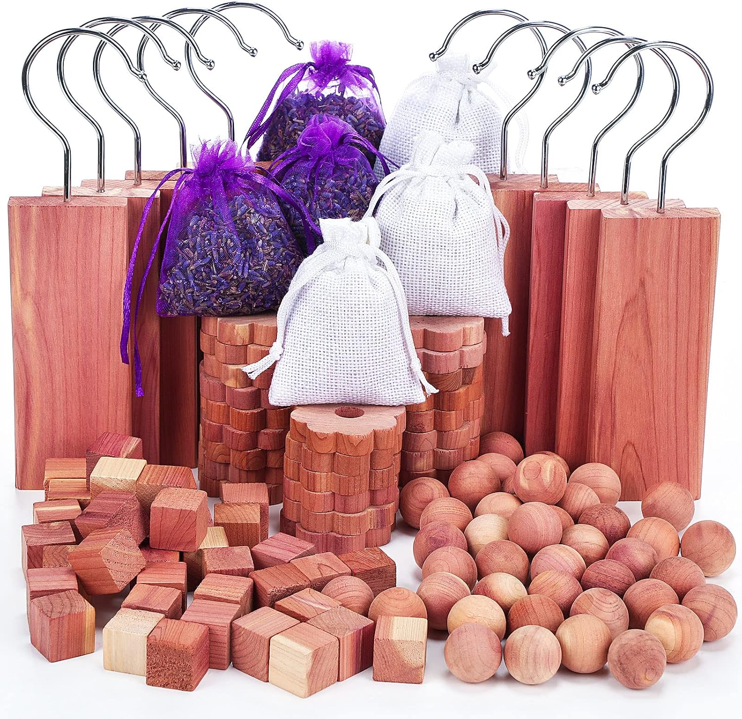 Demissle Cedar Blocks for Clothes Storage, 120 Pcs Set with Cubes, Balls, Rings, Pouches, Lavender Sachets for Closets and Drawers, Fresh Scented Sachets
