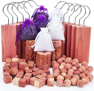 Demissle Cedar Blocks for Clothes Storage, 120 Pcs Set with Cubes, Balls, Rings, Pouches, Lavender Sachets for Closets and Drawers, Fresh Scented Sachets