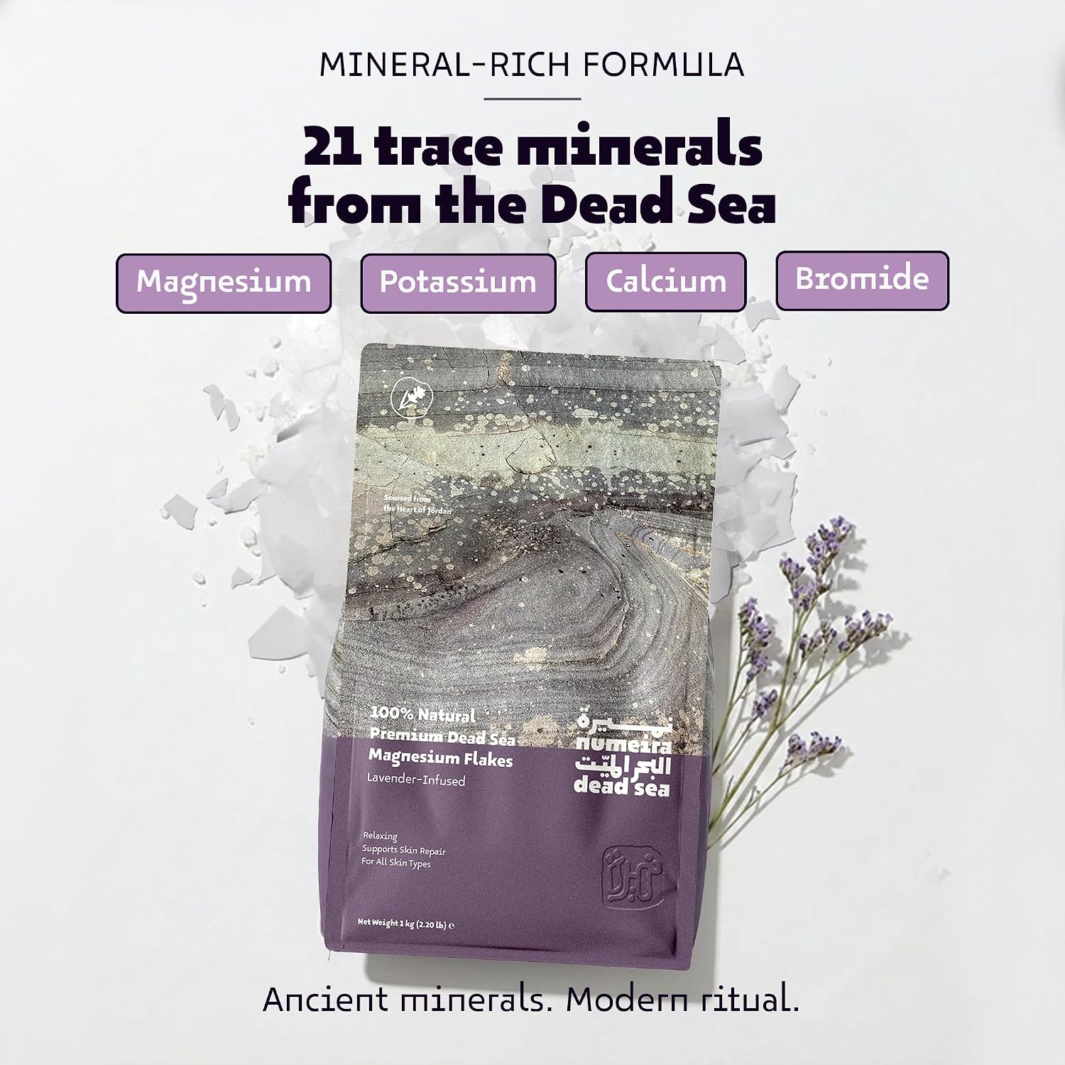 Dead Sea Magnesium Flake Bath Soak - 100% Pure Magnesium Chloride Flakes w/Lavender Infused Essential Oil (2.2 lb Bulk)