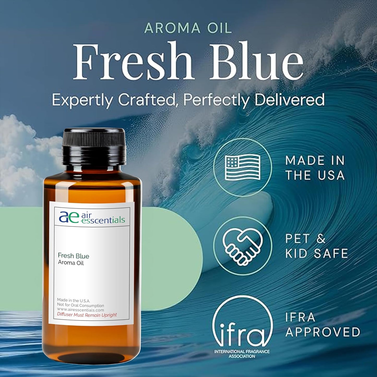 Fresh Blue Aroma Oil, Essential Oils Blend for Diffusers & Scent Machines, Mandarin, Ozone & Cardamom Blend, Aromatherapy, Cold Air Diffuser Compatible, 300 mL