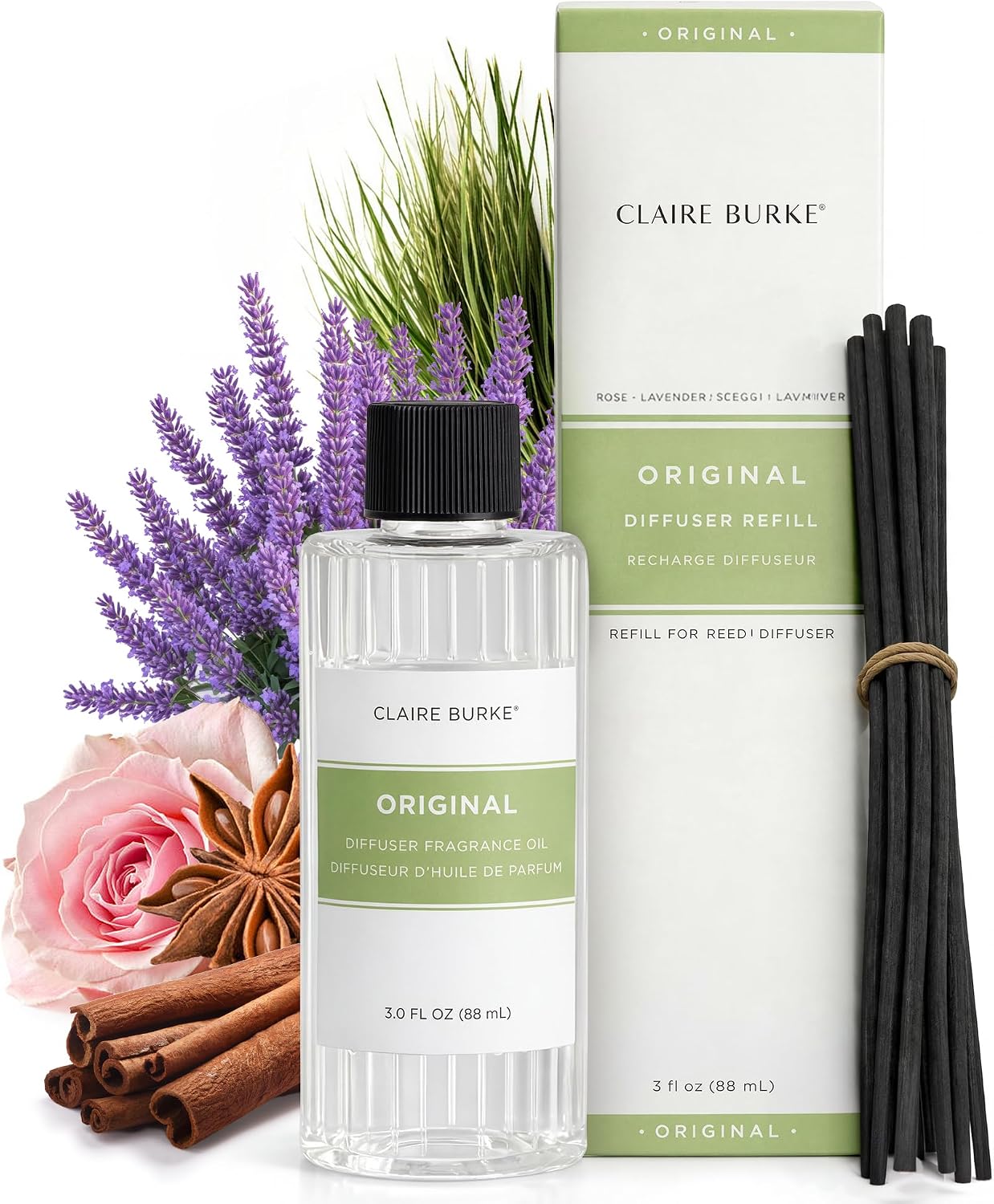 Claire Burke Original Reed Diffuser Refill for Home | Rose & Lavender Flameless Fragrance Oil with Sticks | 3 fl oz, 12 Reeds | Diffusers for Home Fragrance, Scent Diffuser Stick Set | Up to 800 Sq Ft