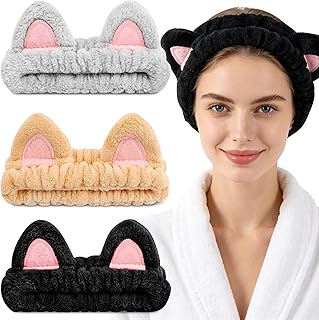 YOOVR 3pcs Spa Headband, Stocking Stuffers for Teen Girls, Skincare Face Wash Makeup Headband with Cat Ears, Cute Stuff Small Gifts for Women Cat Lovers Mom, Hair Accessories, Gift Basket Stuffers