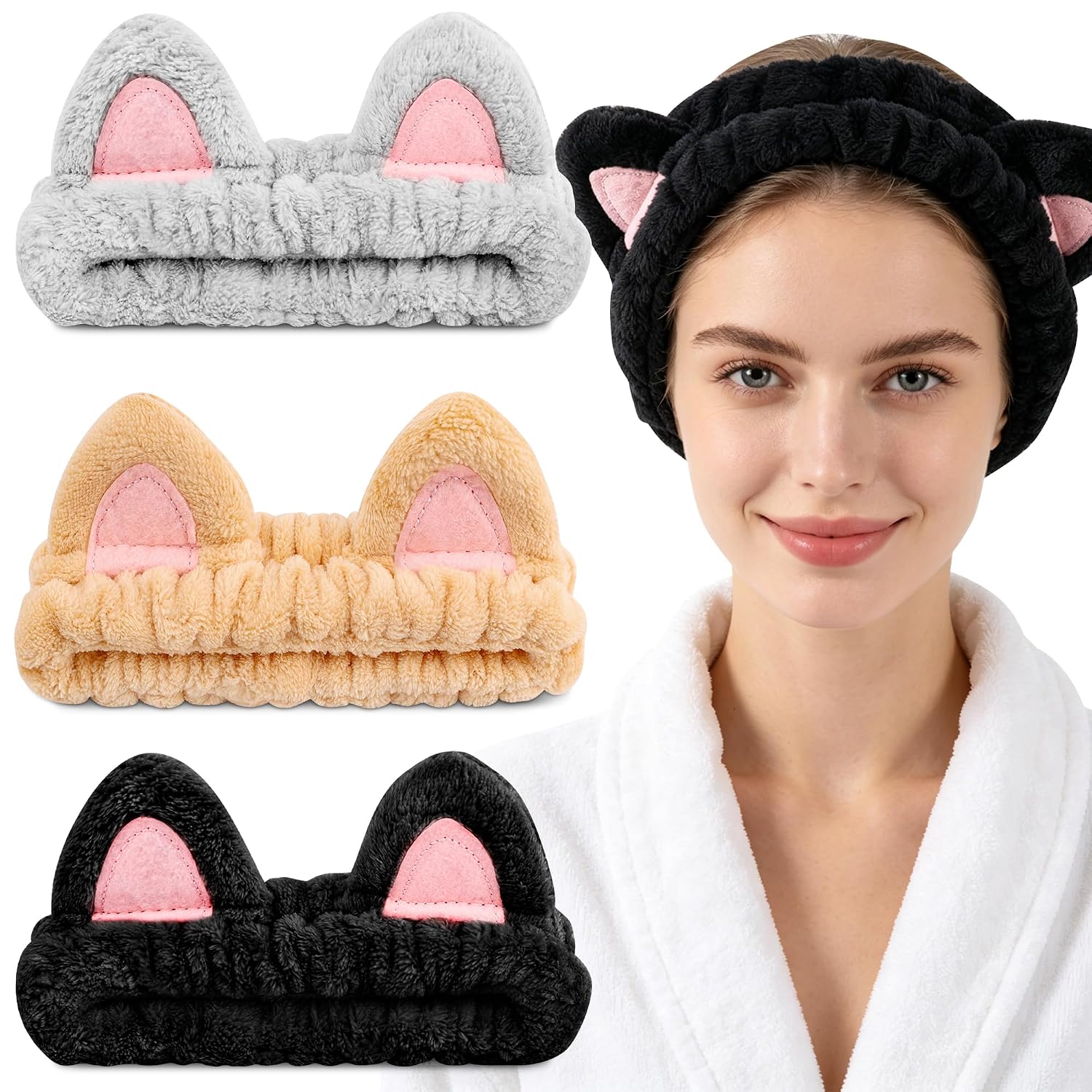 YOOVR 3pcs Spa Headband, Stocking Stuffers for Teen Girls, Skincare Face Wash Makeup Headband with Cat Ears, Cute Stuff Small Gifts for Women Cat Lovers Mom, Hair Accessories, Gift Basket Stuffers