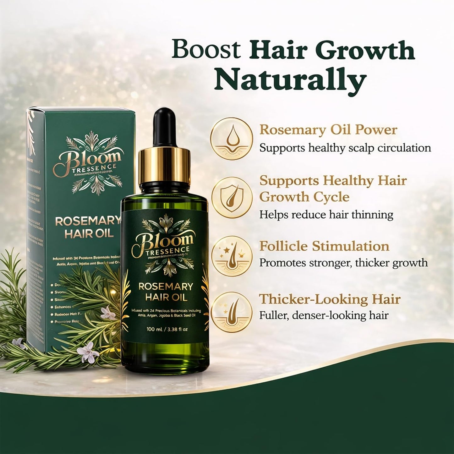Premium Rosemary Hair Oil for Hair Growth – Anti Hair Fall & Scalp Treatment with 24 Botanical Oils (Amla, Argan, Castor & Jojoba) – For Thinning Hair, Regrowth & Thickness – 100ml
