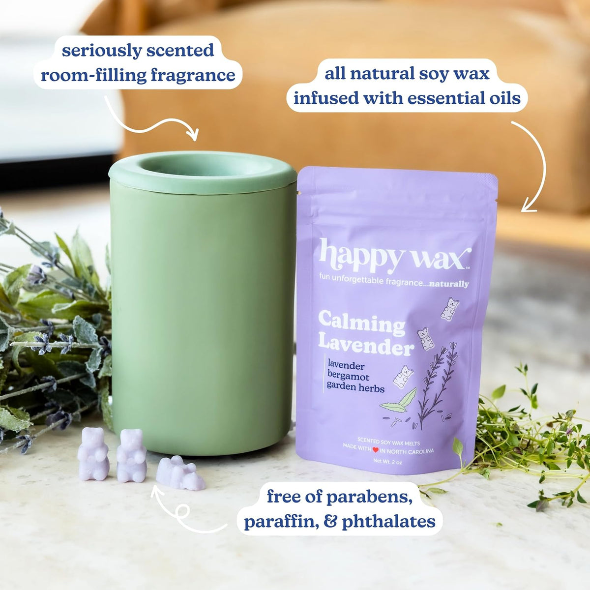 Happy Wax Lavender Lovers Collection: Natural, Non Toxic Scented Soy Wax Melts – Total 6oz Variety Pack: Lavender Cactus, Lavender Chamomile, Calming Lavender