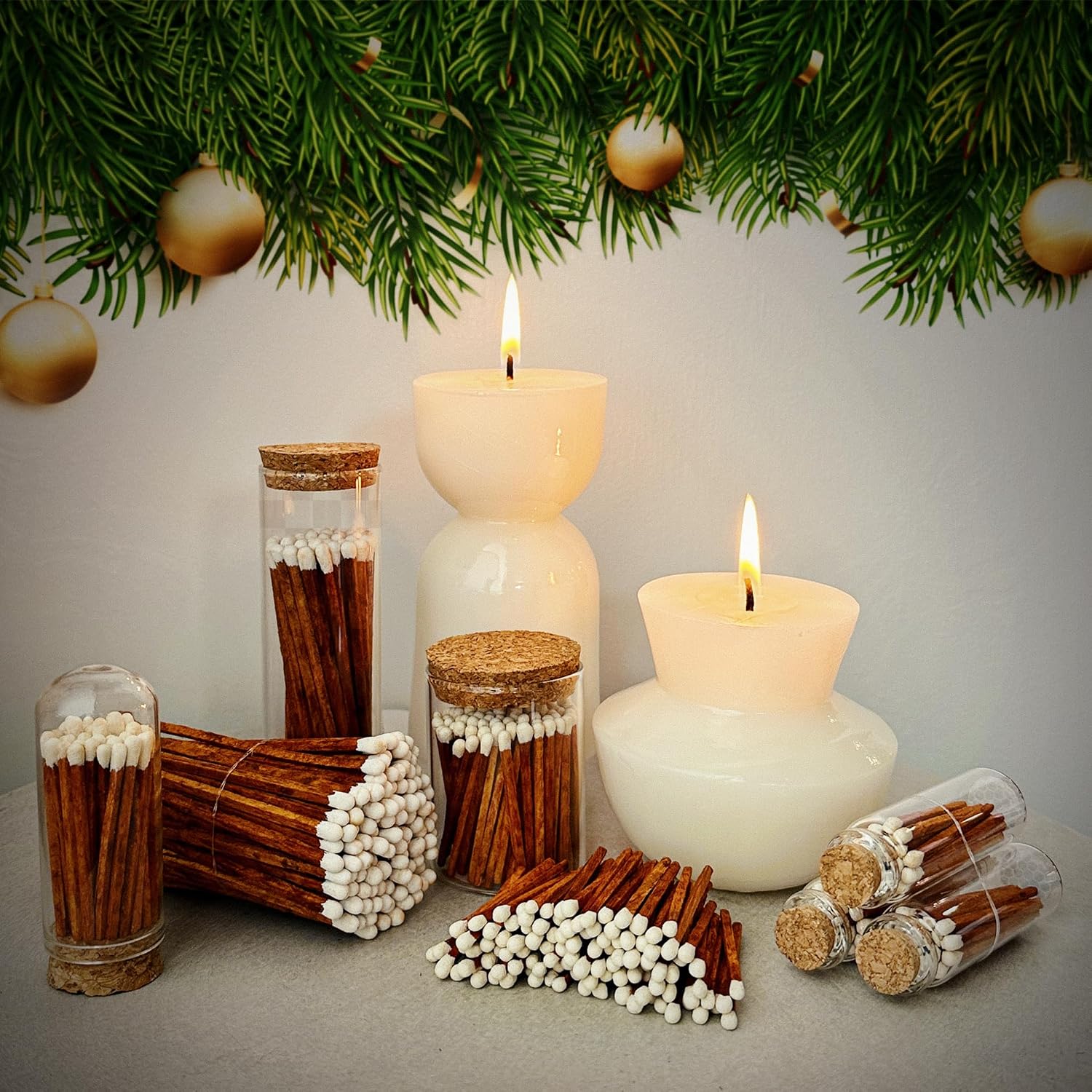 Decorative Matches in Mini Match Cloche Glass Jar Set | 4" Carrot Cake Long Matches (100 Match Sticks) + 3 Cork Top Dome Glass Holders + Striker Stickers | by Thankful Greetings, USA
