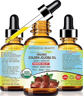 Botanical Beauty Organic JOJOBA OIL 100% Pure Natural VIRGIN UNREFINED Cold-Pressed Carrier Oil 0.5 Fl oz 15 ml for Face, Skin, Body, Hair, Lip, Nails. Rich in Vitamin E, Omega 6, Omega 9