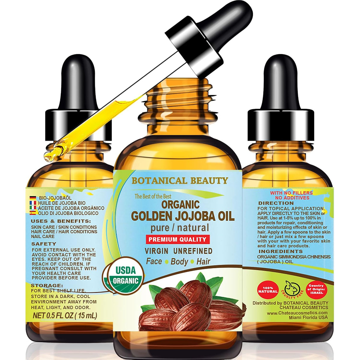 Botanical Beauty Organic JOJOBA OIL 100% Pure Natural VIRGIN UNREFINED Cold-Pressed Carrier Oil 0.5 Fl oz 15 ml for Face