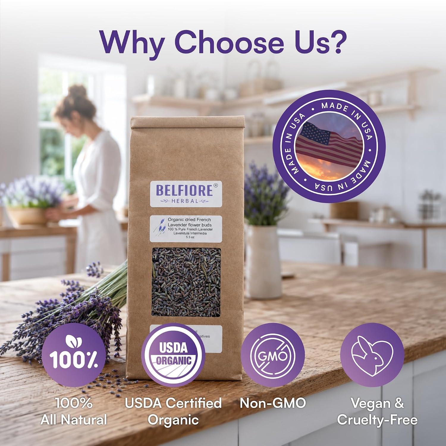 100% All Natural Dried French Lavender Flower Buds | Organic, Non-GMO | Skin Care, Crafts, Tea, Sachets, Potpourri | Made in the USA | 5.5 oz