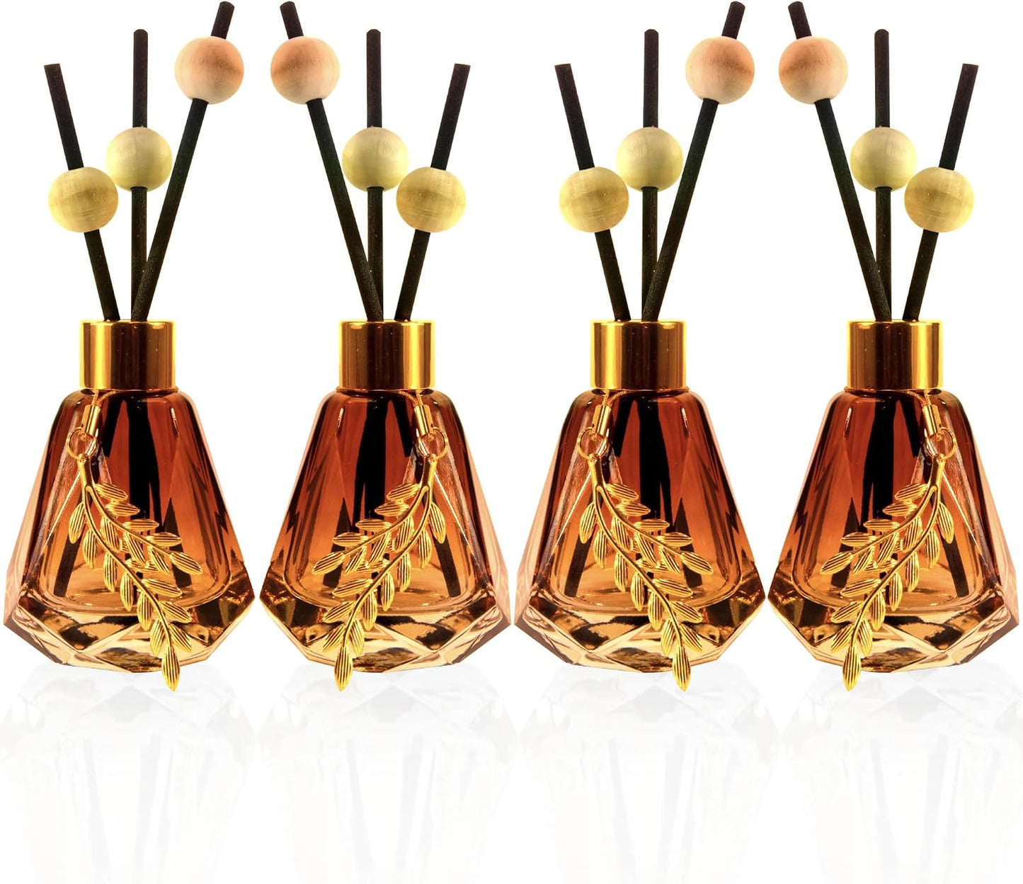 Meinvcisi 4 Empty Fragrance Glass Diffuser Bottles, Refillable Diffuser Bottles with 20pcs Reeds Sticks &12 Wood Balls&4 Metal Leaves, Reed Diffuser Set, Diamond Style,60ML, Gradient Brown.