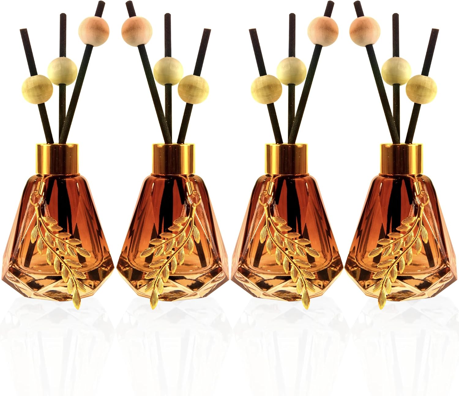 Meinvcisi 4 Empty Fragrance Glass Diffuser Bottles, Refillable Diffuser Bottles with 20pcs Reeds Sticks &12 Wood Balls&4 Metal Leaves, Reed Diffuser Set, Diamond Style,60ML, Gradient Brown.