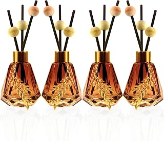 Meinvcisi 4 Empty Fragrance Glass Diffuser Bottles, Refillable Diffuser Bottles with 20pcs Reeds Sticks &12 Wood Balls&4 Metal Leaves, Reed Diffuser Set, Diamond Style,60ML, Gradient Brown.