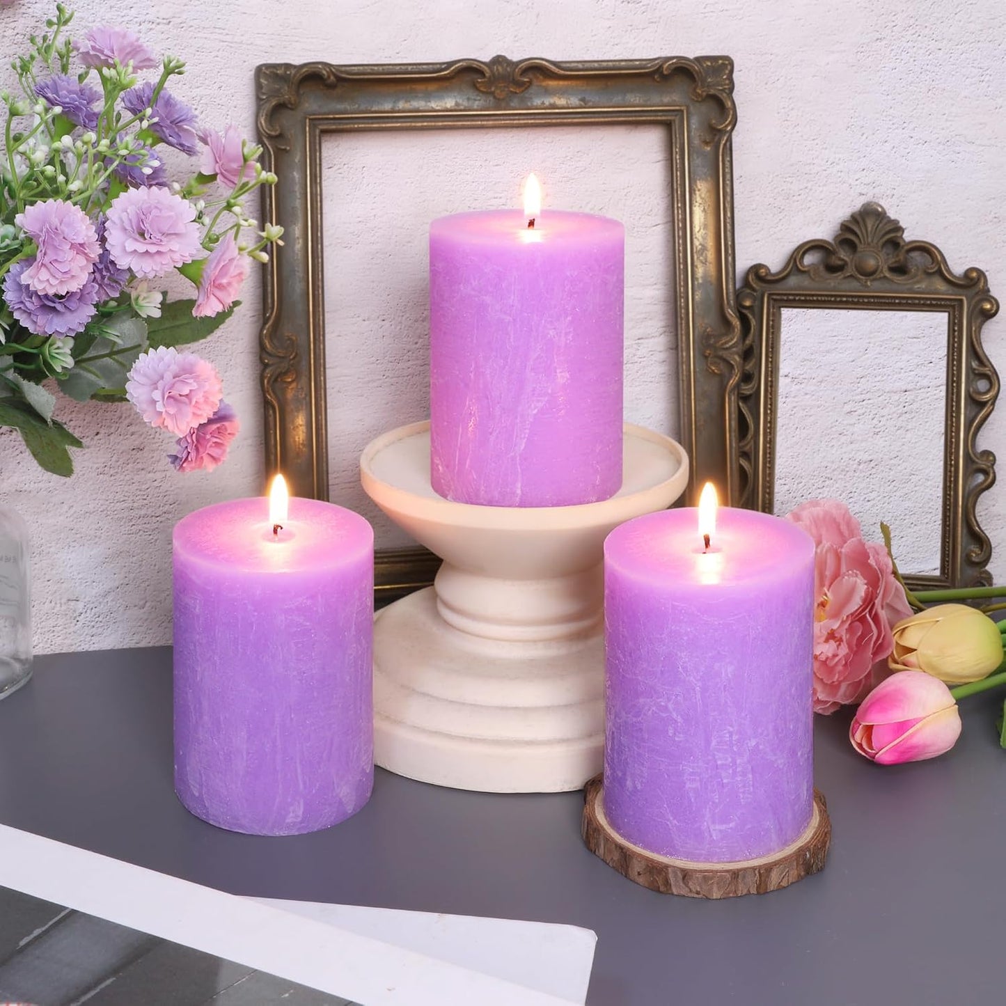 Purple Pillar Candles 3x4 Inch 100% Cotton Core Smokeless Dripless Handmade Lavender Scented 50H+ Long Burning1PC Aromatherapy Candle, Spring Home Decor, Dinner Table, Bathroom, Rustic Decor, Set of 3
