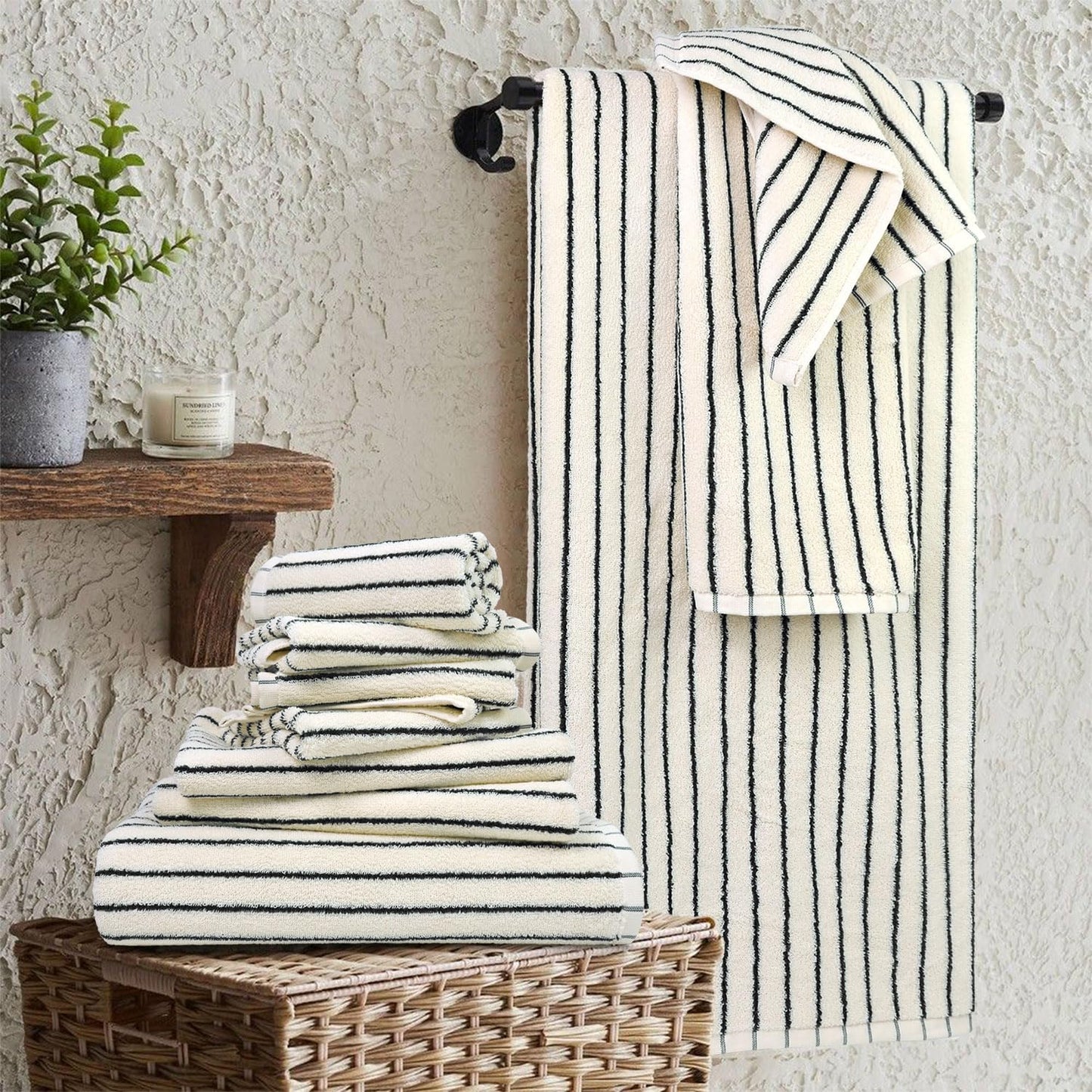 Jacquotha 8 Piece Black and Ivory Towel Set, Super Soft & Absorbent Cotton Striped Towels for Bathroom Decor, 2 Bath, 2 Hand, 4 Washcloths